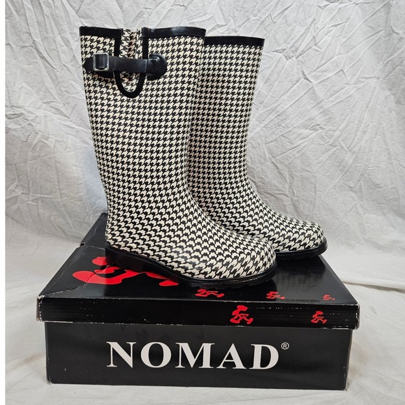 Nomad Footwear Puddles Rain Boots Black White Houndstooth Size 8 Women's - Picture 1 of 13